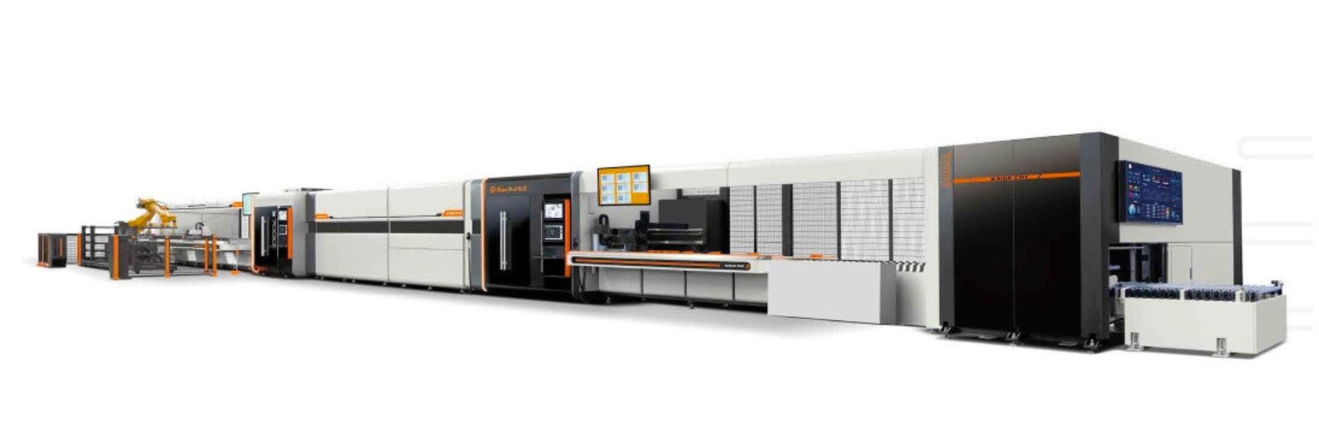 Dây chuyền máy cắt laser công nghiệp tự động hiện đại với robot và bảng điều khiển màn hình lớn