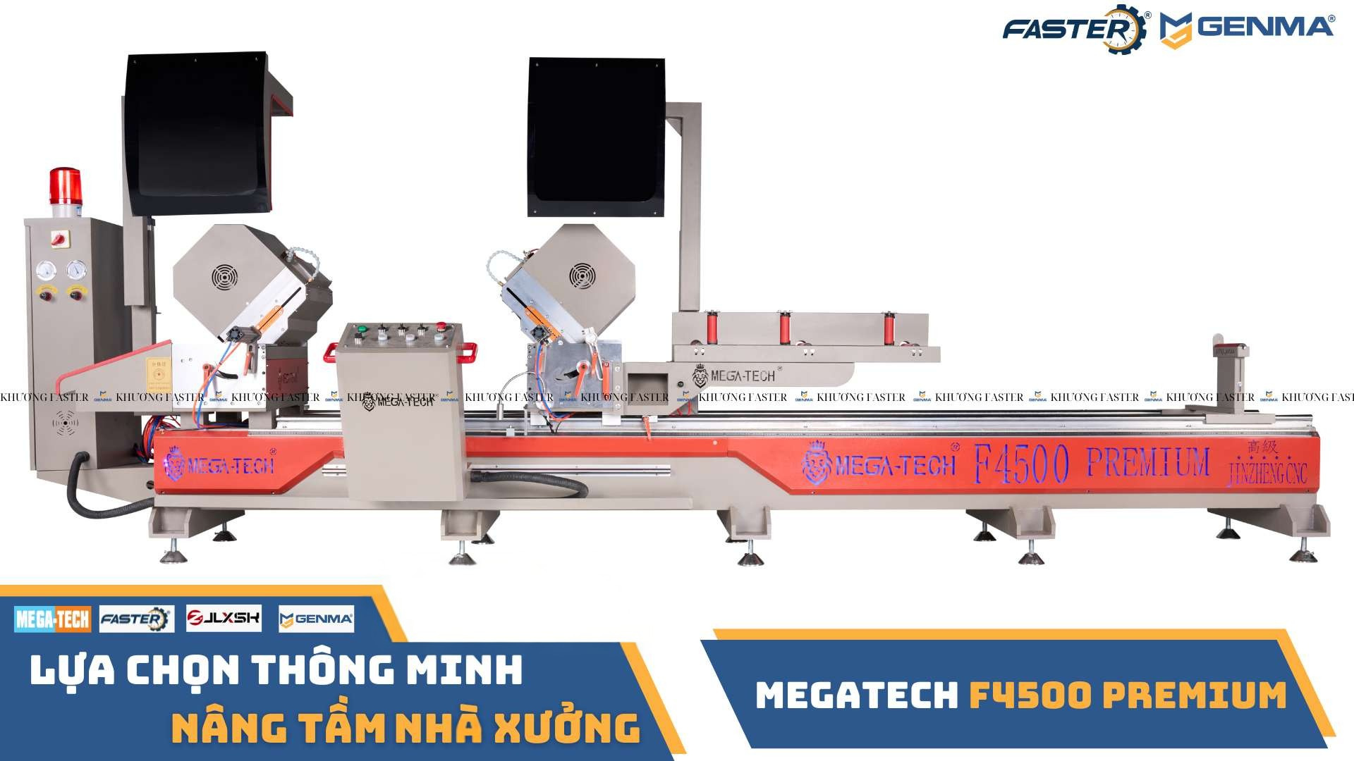 Máy cắt nhôm hai đầu MEGATECH F4500 Premium trong nhà xưởng, kèm logo và hotline Khuông Faster