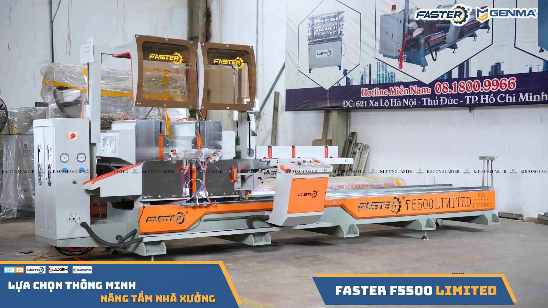 Tổng quan máy cắt nhôm 2 đầu Faster F5500 Limited có chiều dài 5,2m được đặt trong nhà xưởng rất đầm chắc 