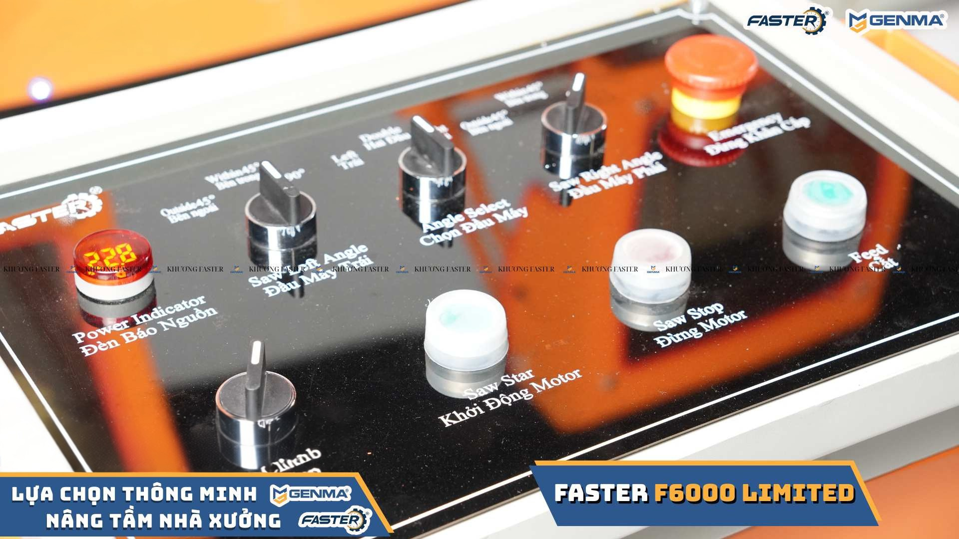 Bảng điều khiển 8 nút bấm cơ trên máy cắt nhôm 2 đầu faster f6000 limited lưỡi 550 kim cương