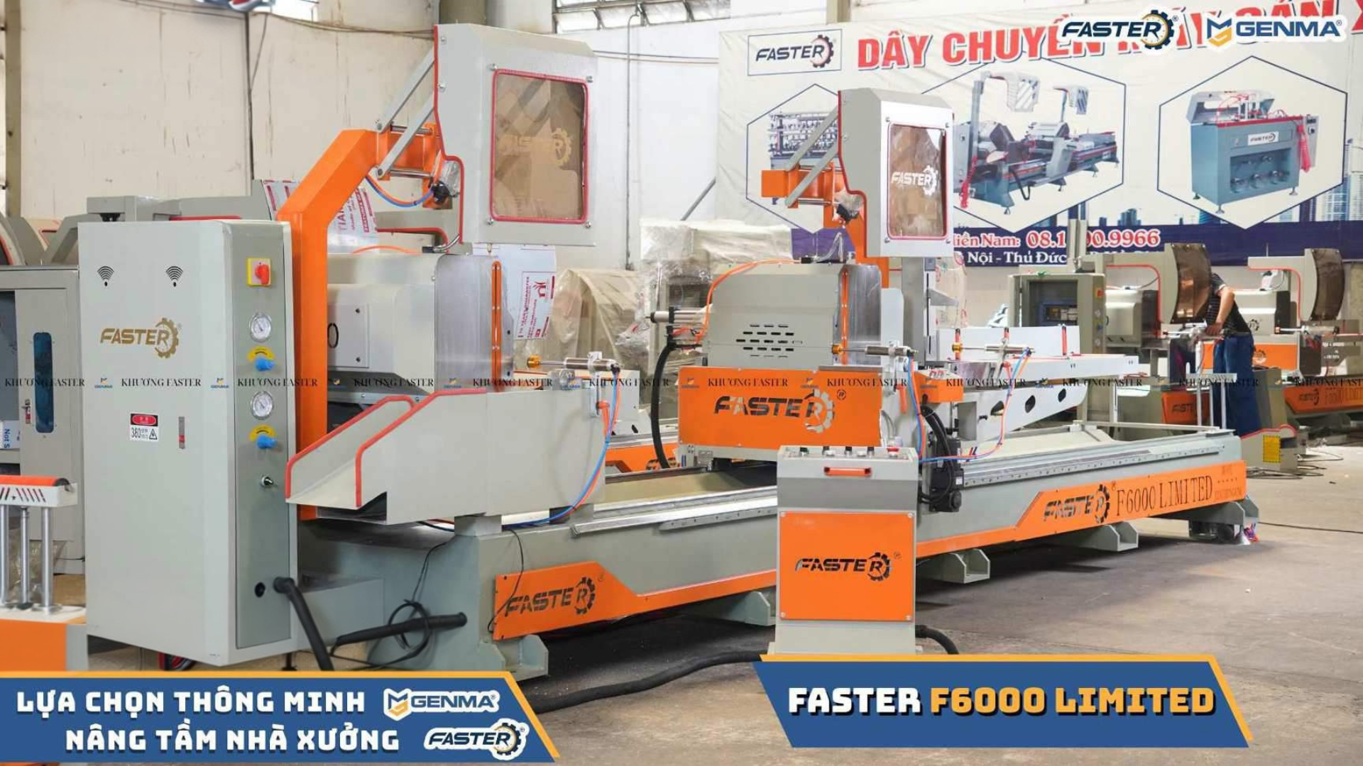 Tổng thể máy cắt nhôm 2 đầu Faster F6000 Limited CNC lưỡi 550 bố trí chuẩn xưởng nhôm kính