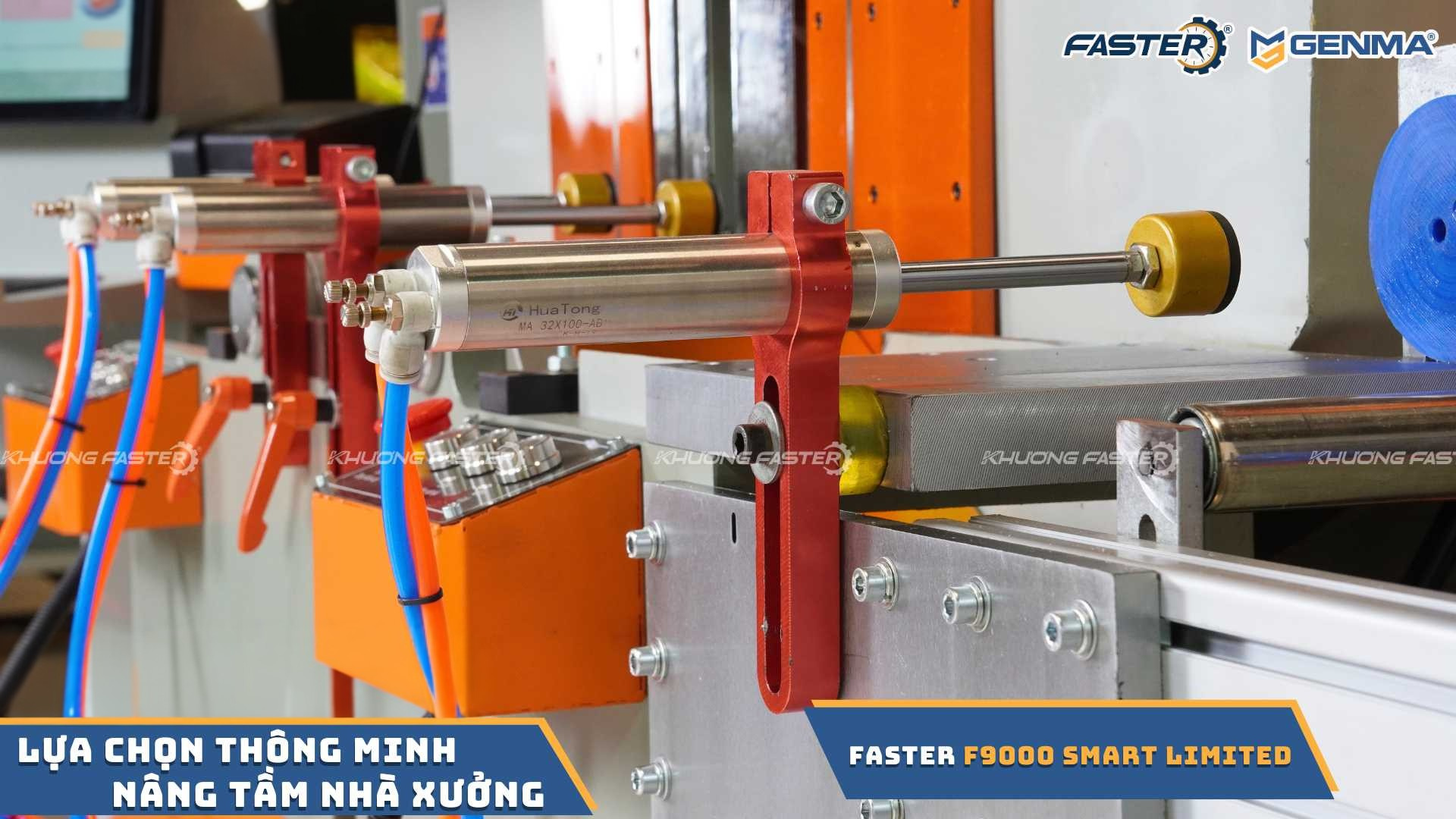 Máy cắt nhôm Faster F9000 Smart Limited với xi lanh khí nén và hệ thống điều khiển trong nhà xưởng