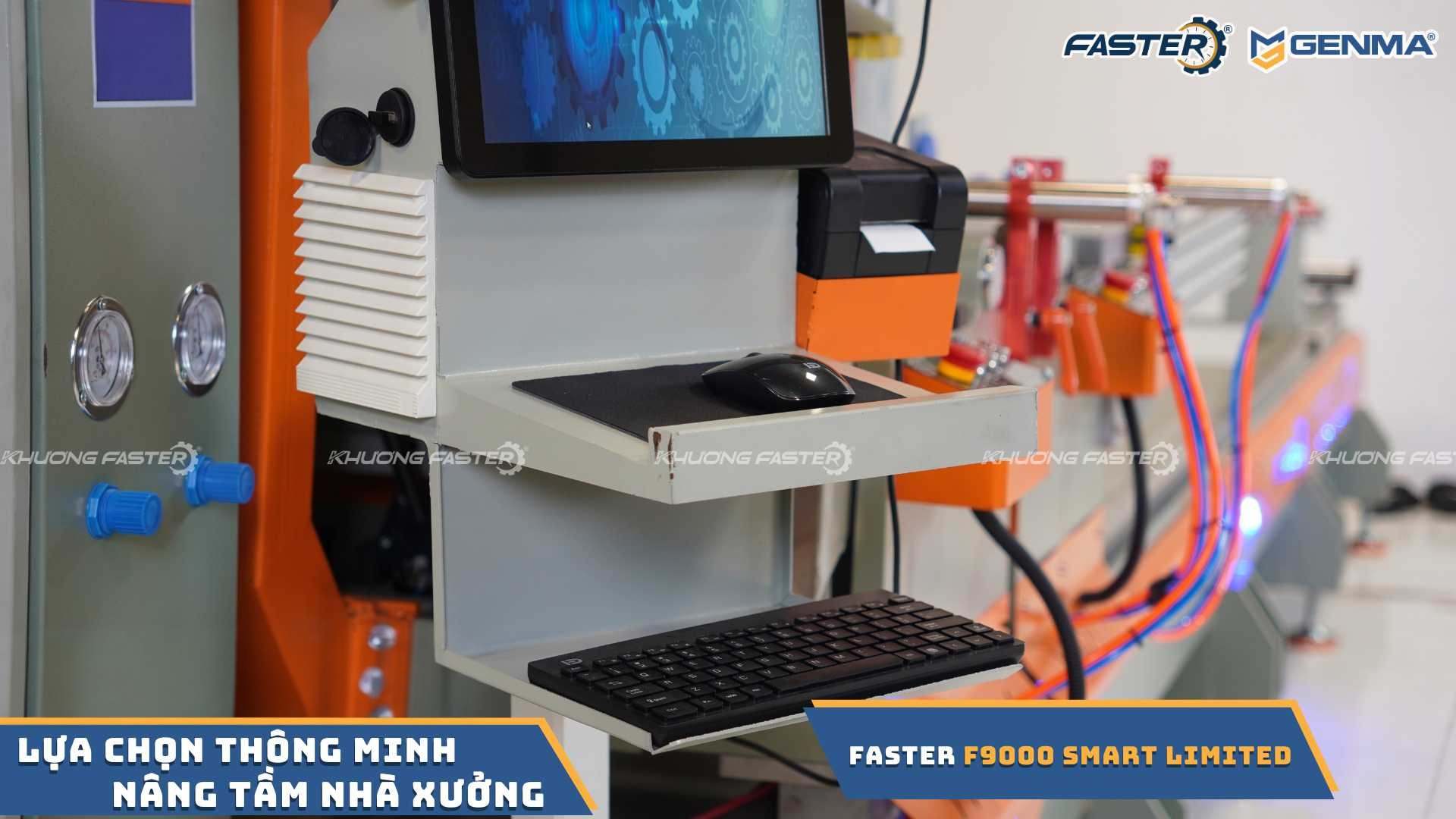 Máy công nghiệp Faster F9000 Smart Limited với màn hình điều khiển, bàn phím và hệ thống dây dẫn trong nhà xưởng
