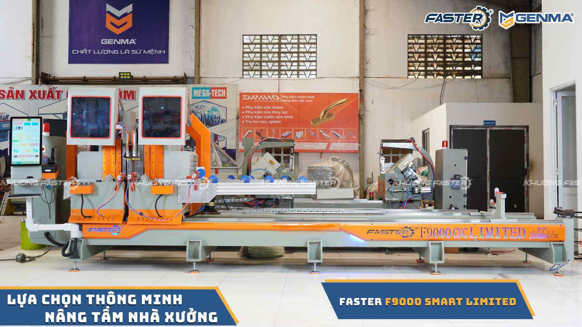 Máy cắt nhôm CNC Faster F9000 Smart Limited trong xưởng sản xuất nhôm kính Khương Faster