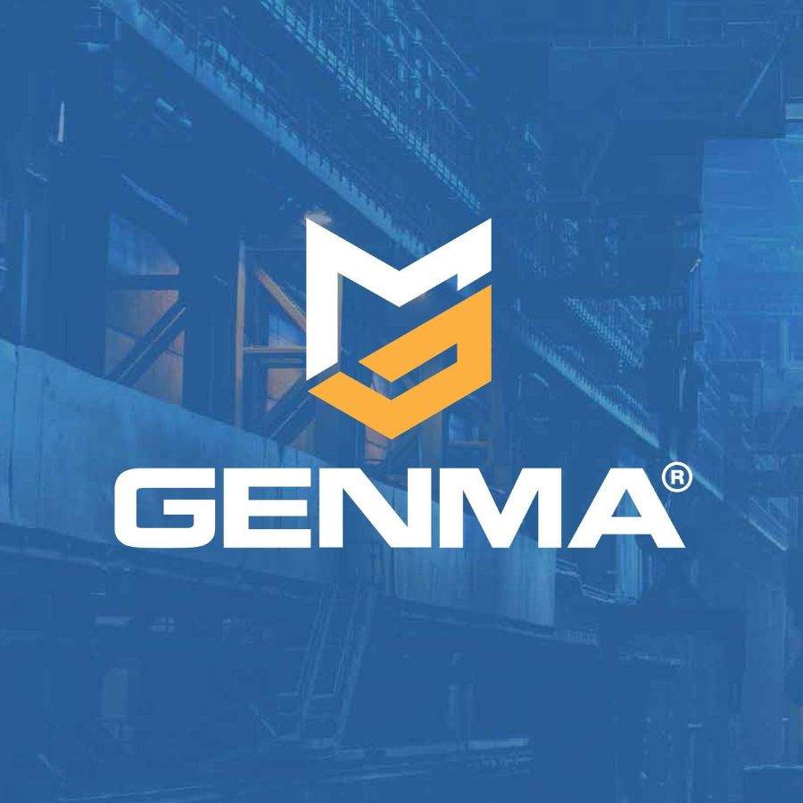 Logo GENMA với biểu tượng chữ G cách điệu màu trắng vàng trên nền nhà máy công nghiệp xanh lam