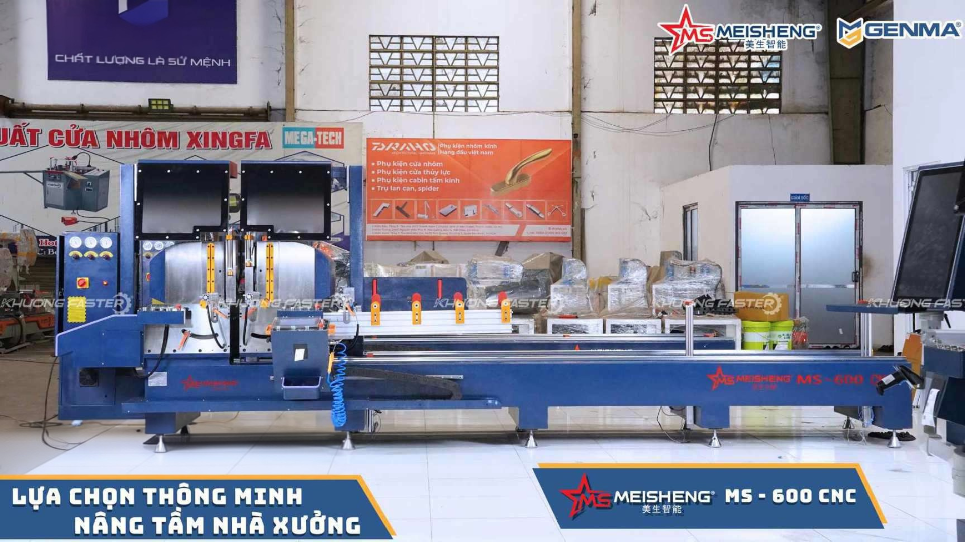 Máy cắt nhôm 2 đầu Meisheng MS 600 CNC công nghệ cao trong xưởng sản xuất cửa nhôm