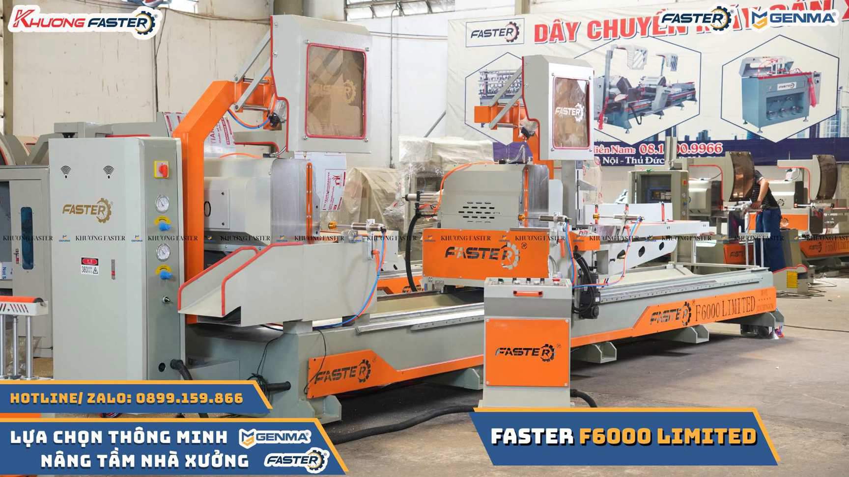 Tổng thể máy cắt nhôm 2 đầu Faster F6000 Limited CNC lưỡi 550 bố trí chuẩn xưởng nhôm kính