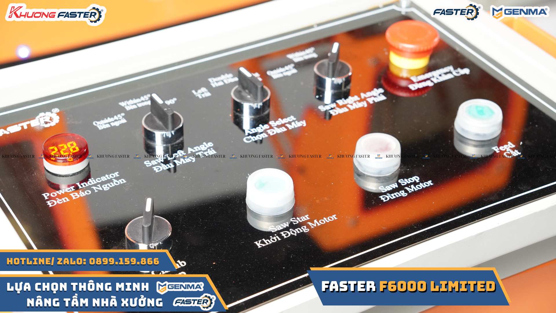Bảng điều khiển 8 nút bấm cơ trên máy cắt nhôm 2 đầu faster f6000 limited lưỡi 550 kim cương